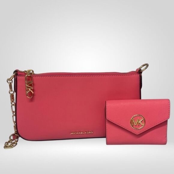 Michael Kors Empire MD Chain Pouchette & Matching Wallet Camila Rose Pink - Picture 1 of 12
